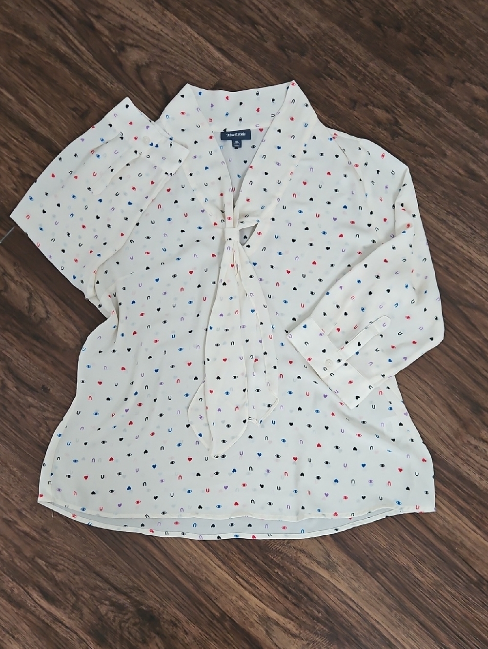Modcloth Cream Tie-Neck Blouse, Size XL "Eye Love U"